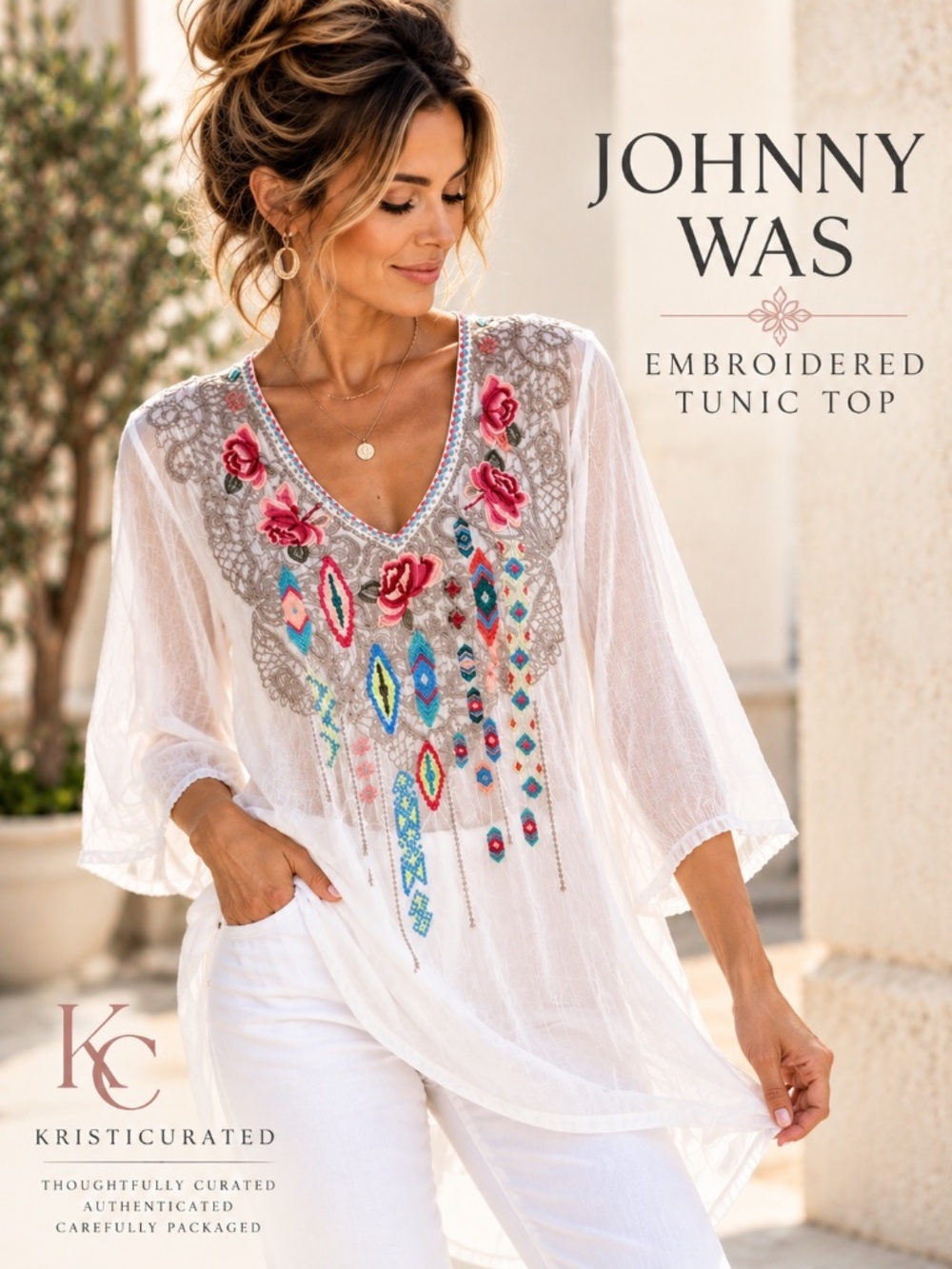 JOHNNY WAS CUPRA RAYON EMBROIDERED SHEER WHITE TUNIC | M